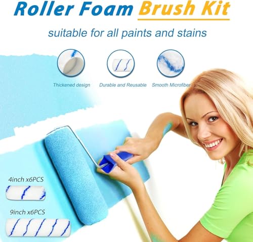 Paint Roller Kit with 2 to 4 FT Extension Pole for House Painting - Completed Home Painting Set with 9″ & 4″ Paint Roller Covers, Tray, Paint Brushes and Accessories
