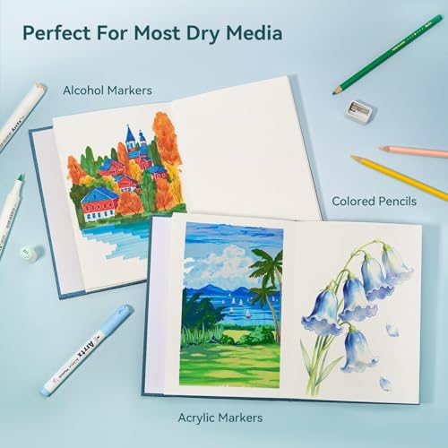 Arrtx Sketchbook, A5 (5.8 x 8.3 Inch) 100% Bamboo Drawing Paper, 180gsm, 60 Sheets, Hard Cover, Lay-Flat Binding,Acid-Free, for Pencil, Pen, Charcoal & Dry Media