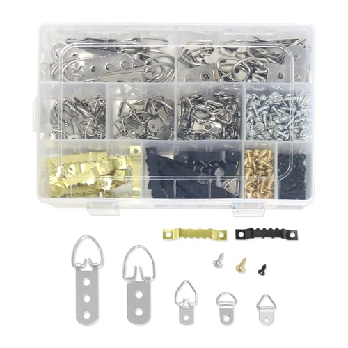 415Pcs Frame Hangers Screws Kit, 5 Sizes D Ring Picture Hangers and Sawtooth Hangers Assorted Kit with Box for Wall Mounting Heavy Canvas Paintings Photos Board Clock Artwork Clipboard