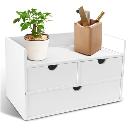 Charmewooden Bamboo Desk Organizer With Drawers Countertop Drawers Counter Storage Box Corner Desk Organizer for Home Office No Assembly Required - color: White-D3WS
