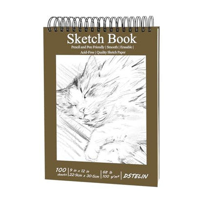 DSTELIN 9x12 Inch Artistic Sketchbook, Top Spiral Bound, 100gsm Sketch Paper, Dark Brown Hard Cover, 100 Sheets for Drawing and Painting