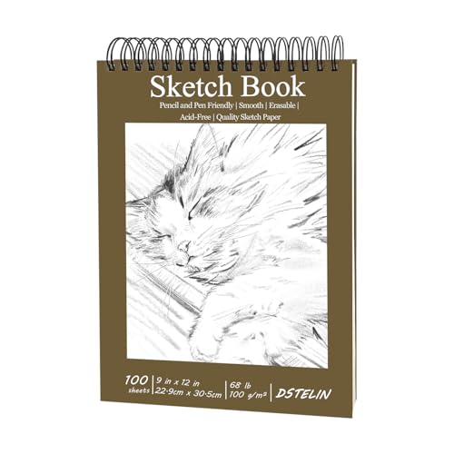DSTELIN 9x12 Inch Artistic Sketchbook, Top Spiral Bound, 100gsm Sketch Paper, Dark Brown Hard Cover, 100 Sheets for Drawing and Painting