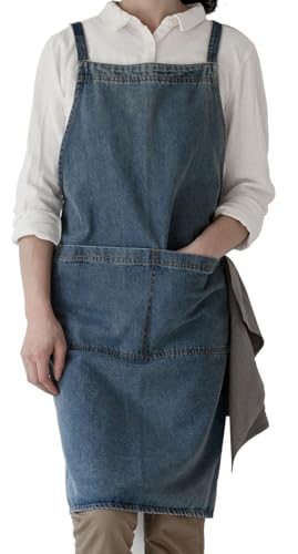 Cross Back Denim Apron with Large Pockets for Men and Women Soft and Unisex - color: Style a - Deep Blue