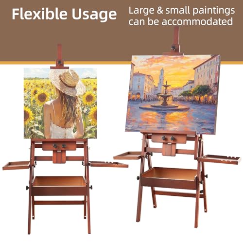 Horizontal Beechwood Studio Easel with Drawer and Palettes, Walnut | H-Frame Solid Wooden Painting Easel for Students, Beginners, and Artists, Hold Canvas to 50Inches High - style: Horizontal Walnut