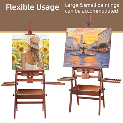 Horizontal Beechwood Studio Easel with Drawer and Palettes, Walnut | H-Frame Solid Wooden Painting Easel for Students, Beginners, and Artists, Hold Canvas to 50Inches High - style: Horizontal Walnut