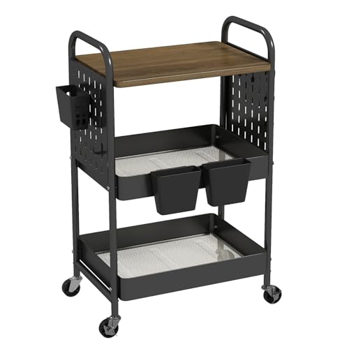 danpinera 3 Tier Rolling Cart, Metal Storage Cart with Wooden Tabletop, Storage Cart with DIY Pegboards & Locked Wheels, Hooks & Hanging Cups for Any Room, Black - color: Black