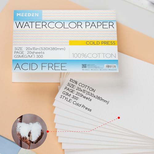 MEEDEN Cotton Watercolor Paper Block: 21" x 15" Cold Pressed of 20 Sheets | 140lb/300gsm 100% Cotton Watercolor Paper Pad, Acid-free Art Paper for Painting, Drawing, Watercolor, Gouache, Ink and More - color: Cold Press, size: 21×15"