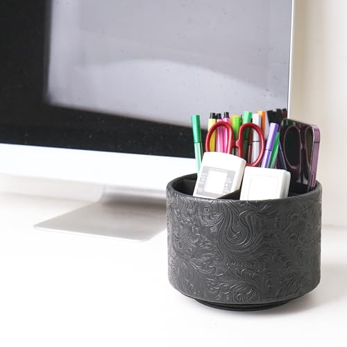 Round Leather Art Supply Organizer,Remote Control Holder,360 Degree Spinning,Multi-Functional Pencil Holder,4 Compartments Desktop Stationary Organizer(1-Carved Black) - color: 1-Carved Black