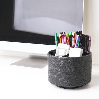Round Leather Art Supply Organizer,Remote Control Holder,360 Degree Spinning,Multi-Functional Pencil Holder,4 Compartments Desktop Stationary Organizer(1-Carved Black) - color: 1-Carved Black