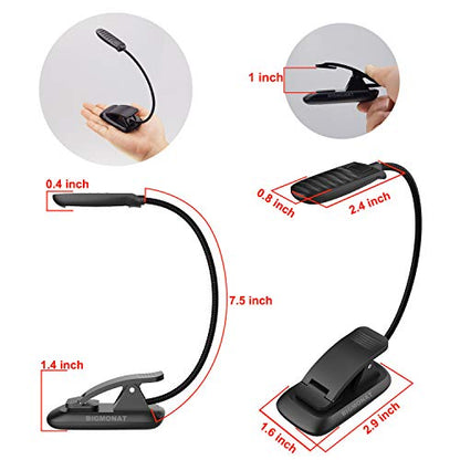 BIGMONAT Led Book Reading Light, Rechargeable Amber Book Night Light, Portable Bendable Neck, USB, Brightness Adjustable, Reduces Eye Strain, Black - color: 1Pack - Black