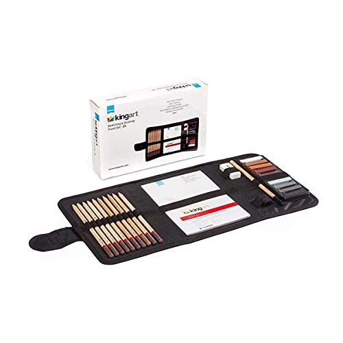 KINGART DRAWING & SKETCHING 25 pc. TRAVEL SET, Graphite, and Charcoal Pencils & Pastels plus Supplies, Art Drawing Kit for Adults, Teens, Beginner to Pro, Ideal for Shading, Blending, 25 pc.