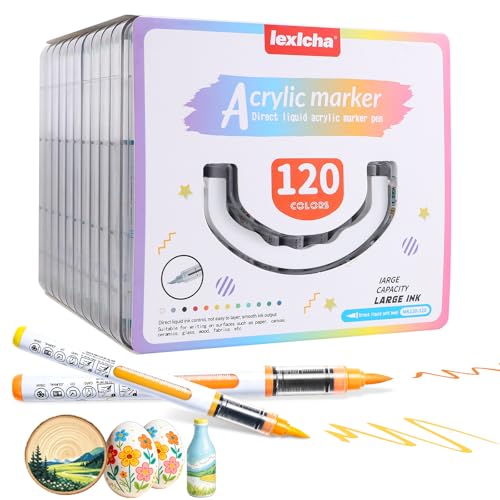 120 Vivid Colors Acrylic Paint Markers with Portable Storage Case | Soft Brush Tip Acrylic Markers Set, Paint Markers for Canvas, Wood, Rocks, Fabric, Glass, DIY Crafts Art Supplies for Kids