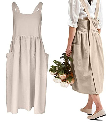 Women Girls Cross Back Apron Gardening Works Cotton Aprons Pinafore Dress - color: Beige