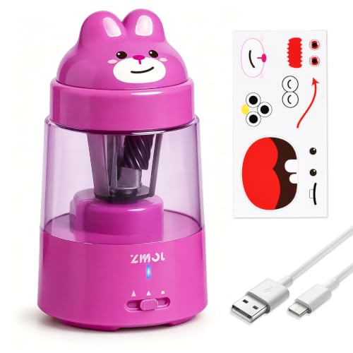 ZMOL Pink Bunny Electric Pencil Sharpener, 6-8mm, Rechargeable, Stickers | Fast Sharpening, Auto Stop,3 Modes for No.2 and Colored Pencils, Quick Charge,Kids Gift, for Home/Classroom/School/Art Studio - color: Pink