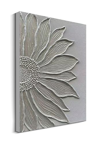 Art Hand-Painted White Thick-Textured Oil Painting of Sunflower Flowers, Suitable for Abstract-Style wall Decorations in bedrooms, bathrooms and Offices, 24x36 inches. - color: Yi154