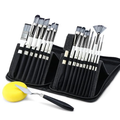 Transon 20Pcs Art Paint Brush Kit with Storage Case, 16 Brushes + Foam Brush Spatula Sponge for Acrylic Oil Watercolor Gouache, Adults Teens Beginners Art Supplies - color: White