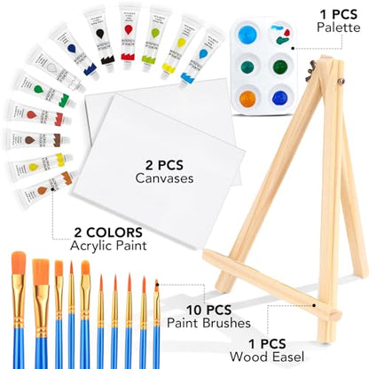 ESRICH 26 PCS Acrylic Paint Set with 12 Colors Acrylic Paints | 10 Paint Brushes, 2 Canvas, 1 Wood Easel, 1 Plate, Painting Supplies Kits for Kids, Adults, Artists and Beginners - color: 12 Color