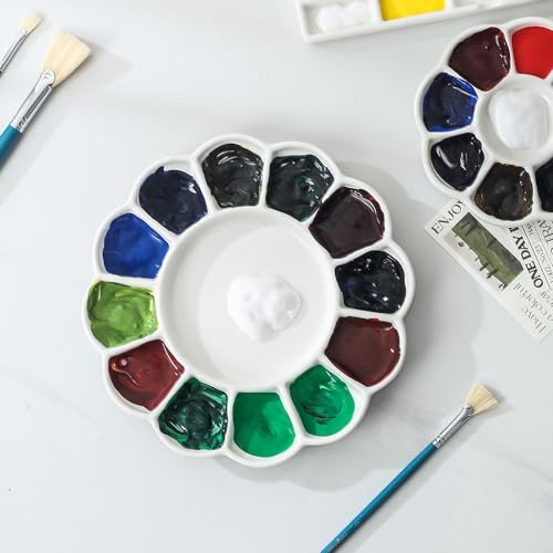 Round Porcelain Watercolor Paint Mixing Tray Ceramic Paint Palette 13 Wells, 8 inch