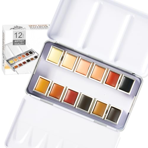 PHOENIX Skin Tone Watercolor Paint Set - 12 Flesh Colors Artist Grade Half Pans Palette Portrait Colors Neutral Watercolor Travel Set for Adults, Professional Artists - color: Skin Tone