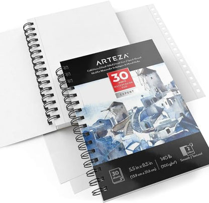 ARTEZA Watercolor Paper, Pack of 3, 30 Sheets Each, 5.5x8.5 Inches Water Pad, Spiral Bound, 140lb/300gsm Cold Press, Acid Free Art Paper - color: White Expert