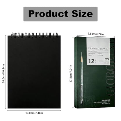 Sketchbook and Pencil Set - Spiral Bound Hardcover with 60 Sheets & 12 Charcoal Pencils (Hard/Medium/Soft) for Professional Artists and Beginners - color: Black