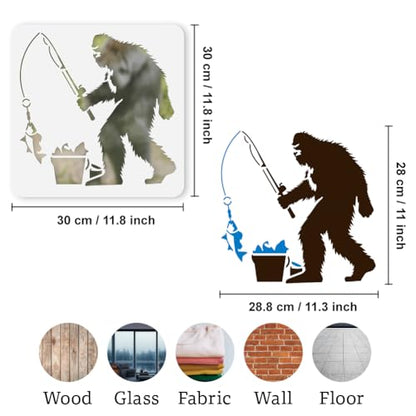 Sasquatch Fishing Stencil for Painting, 11.8"x11.8" Reusable Sasquatch Stencil Drawing Template, DIY Craft Paint Template for Wall Home Decor Wood Burning Card Journal Canvas - style: Fishing