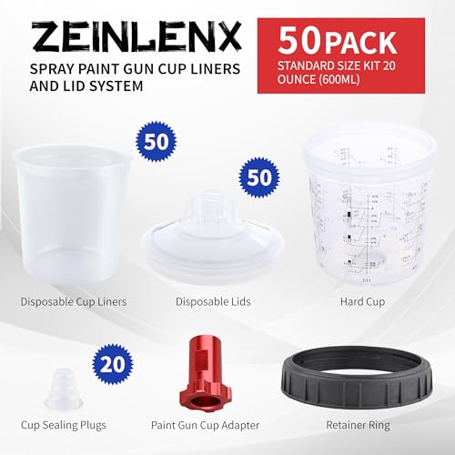 Disposable Paint Gun Cup, HVLP Paint Sprayer Gun Mixing Cups | 20 Ounce(600ML) Kit with 50 Cups and Lids System, Suitable for Automotive, Car Painting And Furniture - size: 20 ounce
