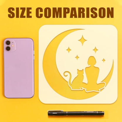 FINGERINSPIRE 6 PCS Moon Cat Painting Stencil 7.8x7.8inch Reusable Cat Silhouette Template Stencils Flower Girl Stars Stencil Cats Pattern Animal Theme Template for Painting on Wood Wall - color: 6PCS Moon Cat