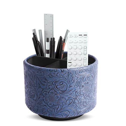 Round Leather Art Supply Organizer,Remote Control Holder,360 Degree Spinning,Multi-Functional Pencil Holder,4 Compartments Desktop Stationary Organizer(1-Carved Dark Blue) - color: 1-Carved Dark Blue