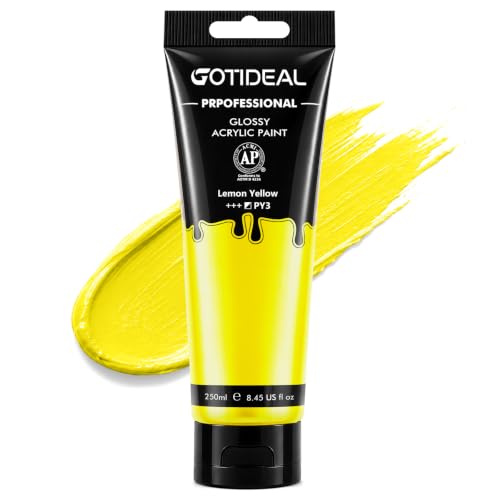 GOTEIDAL Yellow Acrylic Paint, Lemon Yellow Paint (250ml / 8.45oz) Tubes | Art Craft Paints, Rich Pigments Non Toxic for Canvas Painting, Rock, Stone, Wood, Art Supplies - color: Lemon Yellow