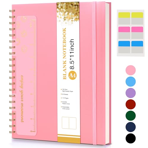Blank Spiral Notebook Journal 8.5” x 11”, A4 Large Pink Sketch Book for Women Men, 100 GSM Blank Paper Drawing Notebook, Plastic Hardcover Spiral Bound Sketchbook for Sketching Work School Writing - color: Pink, size: Plain