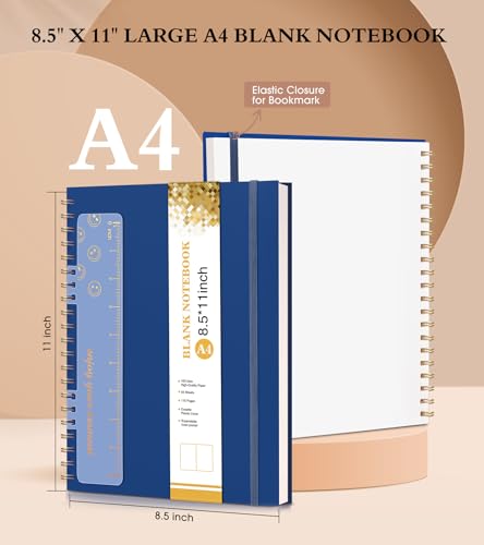 Blank Spiral Notebook Journal 8.5” x 11”, A4 Large Sketch Book for Women Men, 100 GSM Blank Paper Drawing Notebook, Plastic Hardcover Spiral Bound Sketchbook for Sketching Work School Writing, Navy - color: Navy, size: Plain