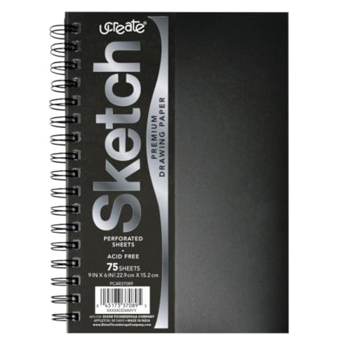 UCREATE Poly Cover Sketch Book, Heavyweight, 70 lb., Side Spiral Bound, 6" x 9", Black, 75 Sheets/Sketch Book, Case of 12, 900 Sheets Total - style: Black; 6" x 9" (Pack of 12)