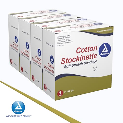 Dynarex Tubular Cotton Stockinette - Non-Sterile Elastic Stockinette Tubing for Legs & Arms - Moisture-Wicking Cast Padding - 3" x 25 Yards, Case of 4