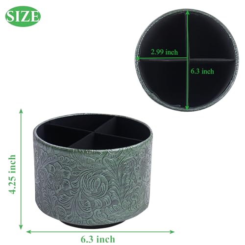 Round Leather Art Supply Organizer,Remote Control Holder,360 Degree Spinning,Multi-Functional Pencil Holder,4 Compartments Desktop Stationary Organizer(1-Carved Metal Green1) - color: 1-Carved Metal Green1