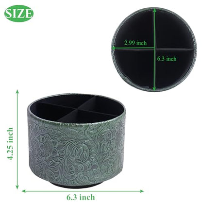 Round Leather Art Supply Organizer,Remote Control Holder,360 Degree Spinning,Multi-Functional Pencil Holder,4 Compartments Desktop Stationary Organizer(1-Carved Metal Green1) - color: 1-Carved Metal Green1