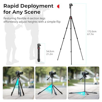 SmallRig Aluminum Camera Tripod Stand AP-30, 67.7" Travel Tripod with Phone Clip & Carry Bag, Portable Tripods with Quick-Flip Lock Legs, for Live Streaming and Vlogging, Max Load 11lb - style: AP-30