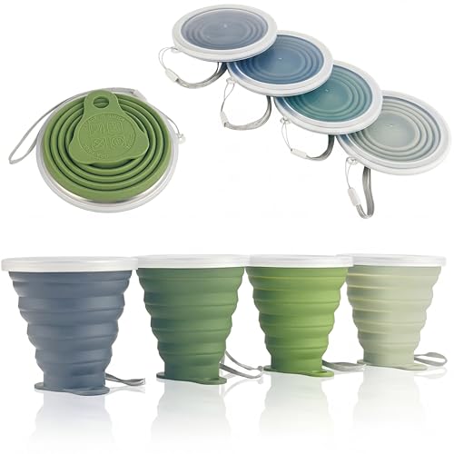 ME.FAN Silicone Collapsible Travel Cup - Silicone Folding Camping Cup with Lids - Expandable Drinking Cup Set - Portable, Graduated [9.22oz] - color: 4 Pack-Desert Sage