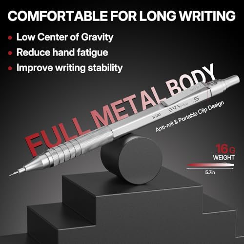 WUO Mechanical Pencil Set, 5 Pack Drafting Pencils 0.3/0.5/0.7/0.9/2.0mm | Mechanical drawing pencils, 312 lead refills, erasers/sharpeners for drafting, technical drawing, sketching, writing & art - color: Silver, size: 0.3/0.5/0.7/0.9/2.0