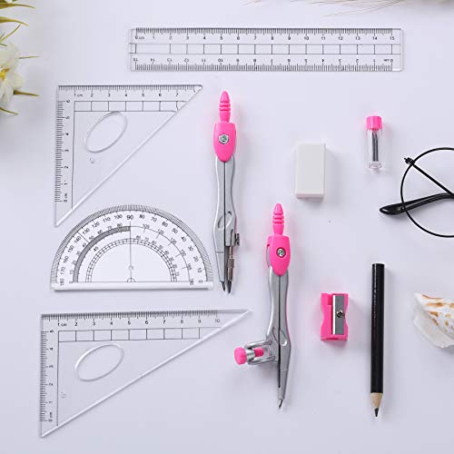 Vobou Math Geometry Sets 10 Pcs, Student Supplies Kit, for School (Pink - color: Pink