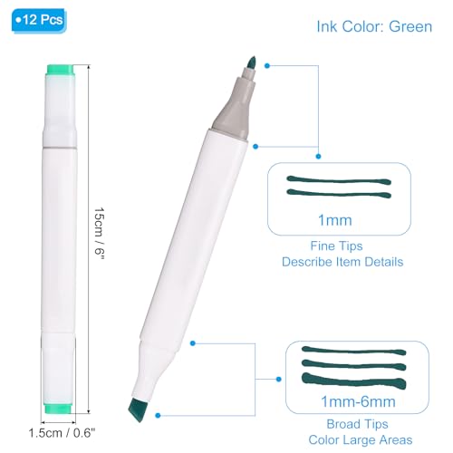 PATIKIL Dual Tip Alcohol Art Markers, 12 Pcs White Barrel Alcohol Markers with Brush Tip and Fine Tip for Illustration Artist Adult Coloring Drawing Permanent Sketching, Green - color: Green