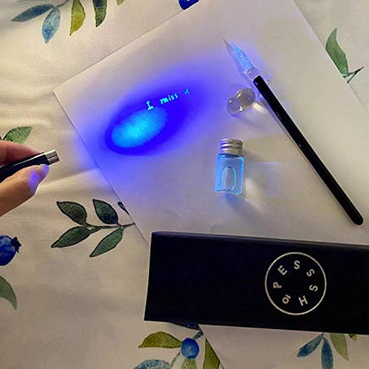 ESSSHOP Glass Dip Pen with Invisible Ink Set - UV Flashlight and Cat Pen Holder Elegant Handmade Crystal Smooth Cylindrical Calligraphy Signature Pen for Present Art Writing Drawing Gift