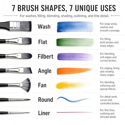 JYN‑ANREN 24Pcs Paint Brush Set, Professional 9 Shapes: Wide Flat, Filbert, Fan, Dagger, Cat Tongue, Round etc, for Acrylic, Oil, Watercolor, Includes Palette Knife & Waterproof Canvas Roll