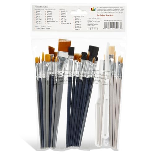 KINGART 35-Piece Studio Brush & Tool Set with Pouch – Includes 33 Multi-Media Brushes (Nylon, Bristle), 2 Palette Knives for Acrylic, Watercolor, Oil, Gouache Painting, Illustration, and DIY Crafts