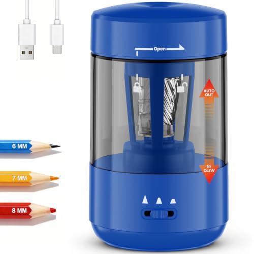 Electric Pencil Sharpener for Classroom, Fully Automatic, Dark Blue | Type-C Rechargeable, Auto In/Out, 2000mAh Built-in Battery, Fast Sharpen, For 6-8mm No.2&Colored Pencils, Home, School Office - color: Dark Blue