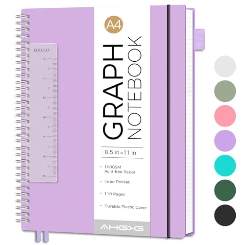 AHGXG Spiral Graph Paper Notebook, 110 Pages, A4 (8.5" x 11") | 100 gsm Thick Grid Paper, Waterproof Plastic Cover, for School Writing Engineering (Purple) - color: Purple, style: A4-Graph