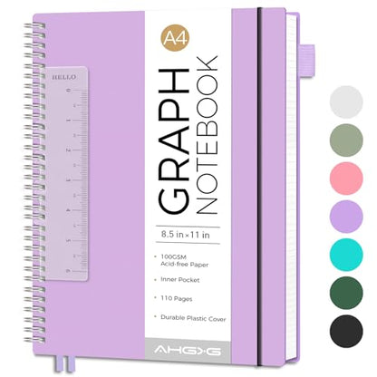 AHGXG Spiral Graph Paper Notebook, 110 Pages, A4 (8.5" x 11") | 100 gsm Thick Grid Paper, Waterproof Plastic Cover, for School Writing Engineering (Purple) - color: Purple, style: A4-Graph