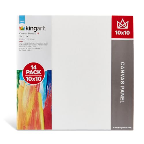 KINGART White Canvas Panel Set – Square, 10x10 Inch, 14-Pack – 100% Cotton, Pre-Primed Gesso Artist Boards for Acrylic, Oil, Sketching, & Mixed Media Painting - color: White, size: 10" x 10"