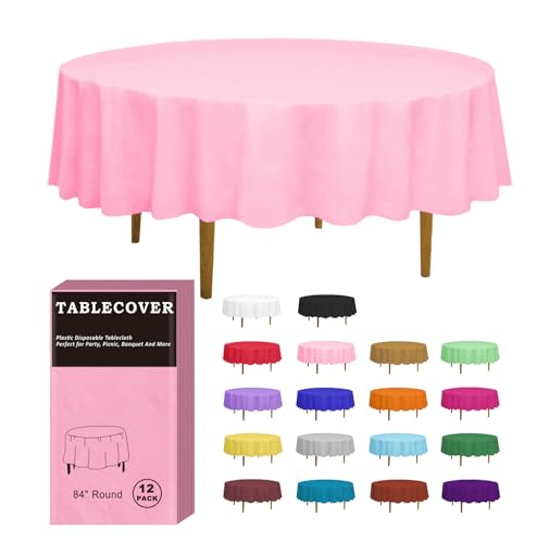 D&Z 12 Pack Pink Disposable Plastic Tablecloth, 84" Round Table Cover - color: Pink, size: 12 Pack 84" Round