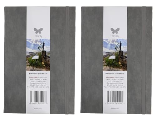 Pleinly 100% Cotton Watercolor Sketchbook Journals – 2 Pack Hot Press, 8x12” Large, 140lb (300gsm), 26 Sheets Each, Portrait, Type-L Paper with Internal & External Sizing, Hard Cover, Lay Flat - size: Hot Pressed 12x8" Type L (2 pcs)